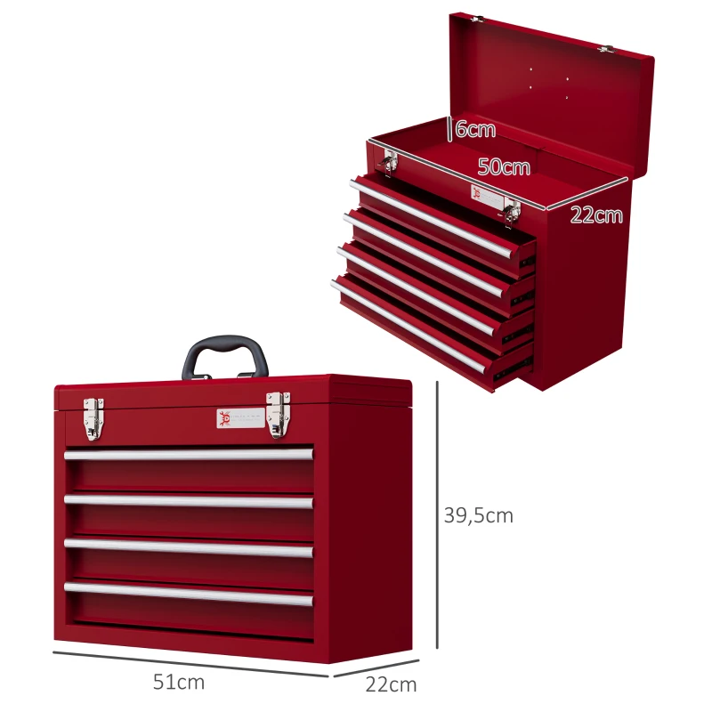 DURHAND Caixa de Ferramentas de Aço com 2 Gavetas Fechaduras Metálicas Mala de Ferramentas Portátil 51x22x39,5 cm Vermelho