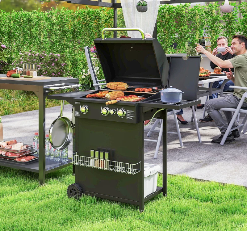 Outsunny Barbecue a Gas con Bruciatori Indipendenti, Coperchio con Termometro e Tavolino Laterale, Nero