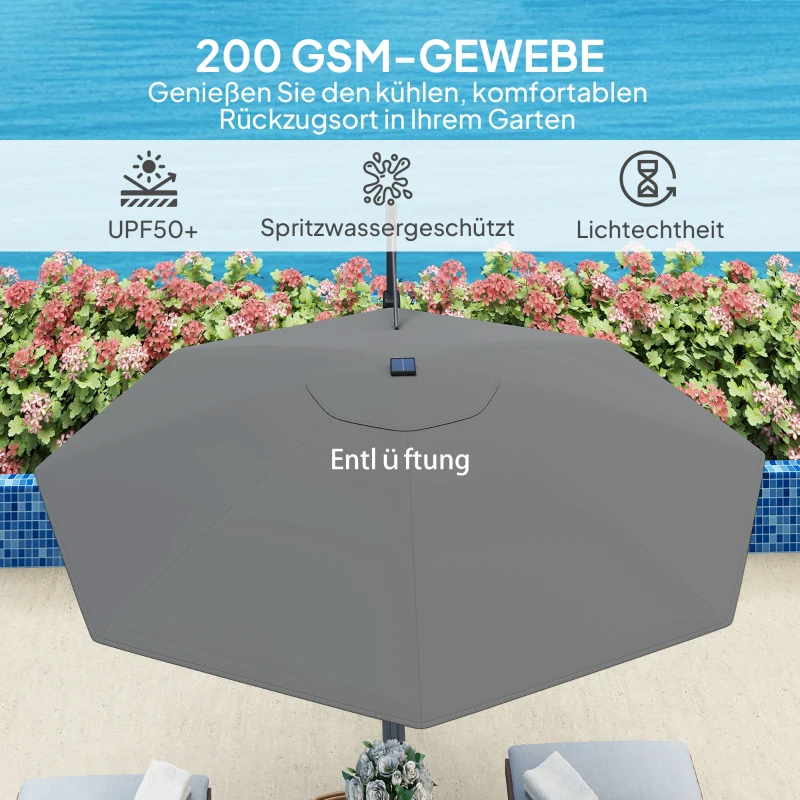 Outsunny Aluminiowy Parasol Ogrodowy LED Solar Ø300 cm Regulowana Wysokość z Korbką UV50+ Ciemnoszary