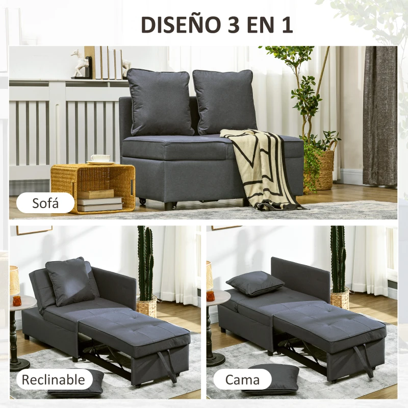 HOMCOM Sofá Cama de 1 Plaza con Respaldo Ajustable Sillón Cama Individual con Almohadas para Dormitorio Apartamento Gris
