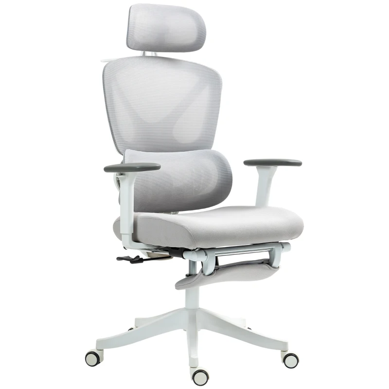 HOMCOM Cadeira de Escritório de Malha Reclinável com Apoio para a Cabeça Ajustável e Altura Regulável  71x70x109-119 cm Cinza