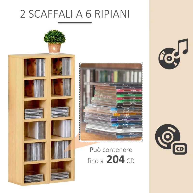 HOMCOM Scaffale Porta CD Set di 2 Pezzi con 6 ripiani 102 CD da Casa in Legno MDF 21 x 19.2 x 88.3cm Legno naturale