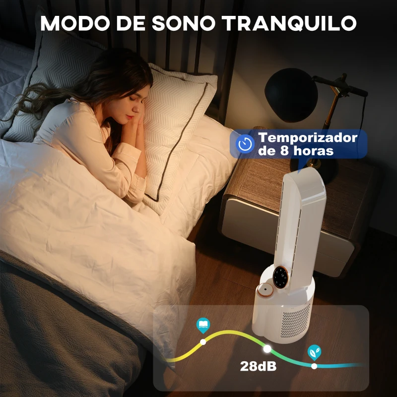 HOMCOM Ventoinha sem Hélices com Esterilização UV 12 Velocidades Purificador de Ar Humidificador Temporizador 8H Oscilação 90° 24x26,5x97 cm Branco