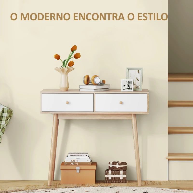 HOMCOM Mesa Consola Moderna Consola de Entrada Estreita com 2 Gavetas para Corredor Entrada Sala ou Dormitório 86x35x75 cm Carvalho