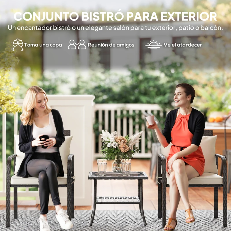 Outsunny Conjunto de Muebles de Jardín de Ratán Sintético con 2 Sillas con Cojines Acolchados y Mesa con Vidrio Templado Marrón