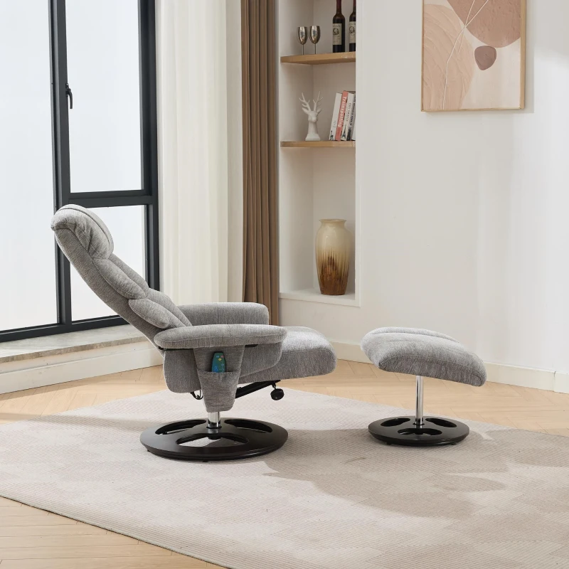 Chenille Upholstered Massage Recliner with Ottoman Footstool, 5-Point Massager, Ergonomic Backrest, 88L x 80W x 106H cm, Grey