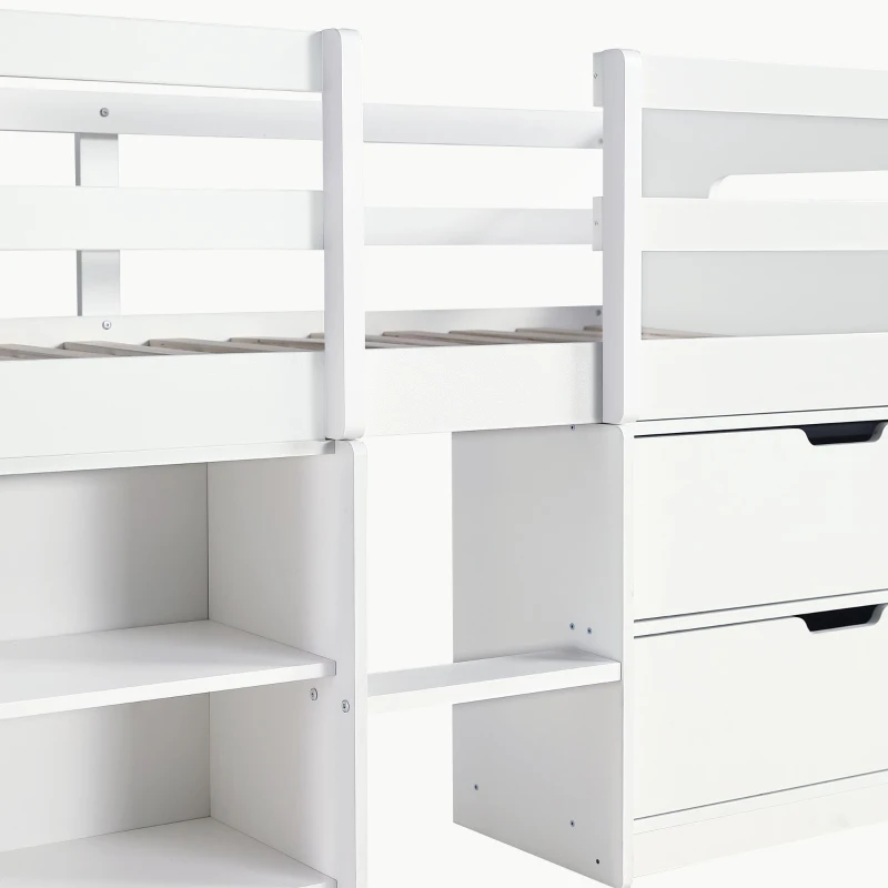 3ft Storage Bed with 2 Drawers and Compartments, Pine and Particle Board, for Children's Room - White