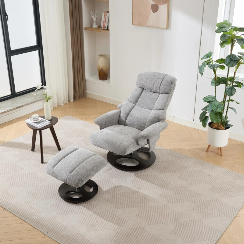 Chenille Upholstered Massage Recliner with Ottoman Footstool, 5-Point Massager, Ergonomic Backrest, 88L x 80W x 106H cm, Grey