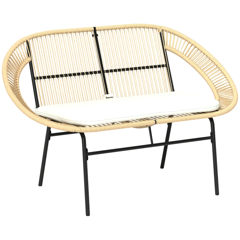 Outsunny Banc de jardin 2 places, banc extérieur jardin en acier, style Acapulco, avec dossier et coussin, 126 x 72 x 83 cm, kaki
