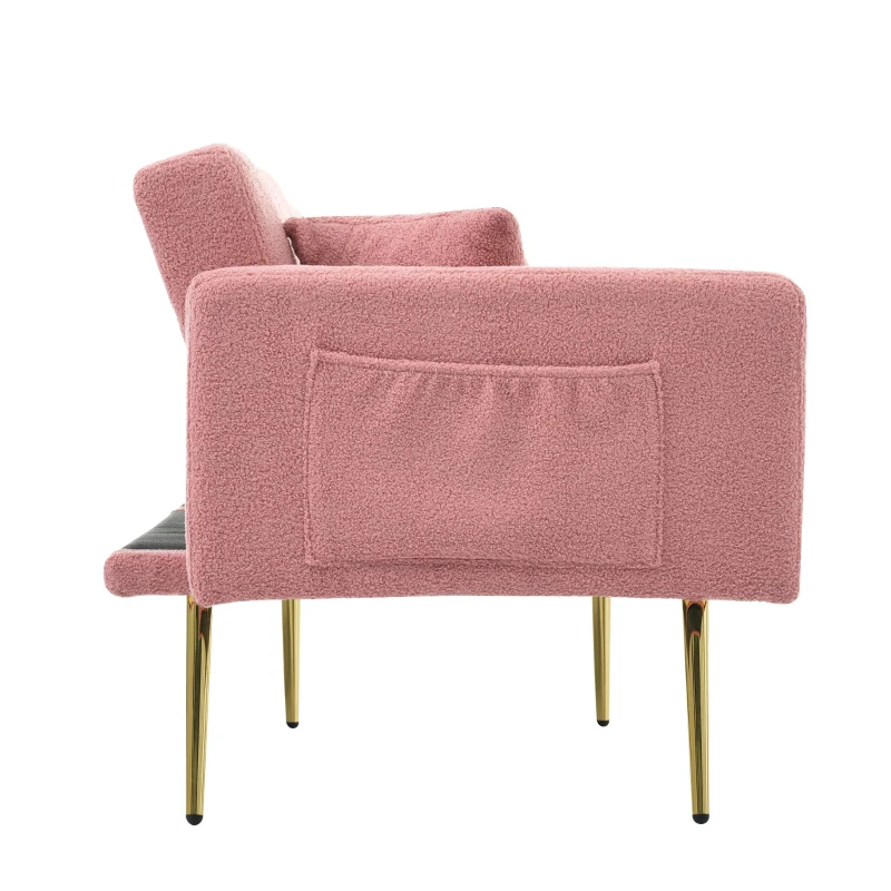 Convertible Sofa Bed with Adjustable Backrest, Gold Legs, Side Pockets, Sherpa Fabric Sleeper Sofa for Bedroom, 176L x 64W x 75H cm, Pink