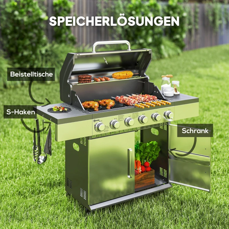 Outsunny Gasbarbecue 8500BTU Rolwagen met 6 RVS Branders, Thermometer, Drukregelaar, 141 x 55 x 110 cm Zilver