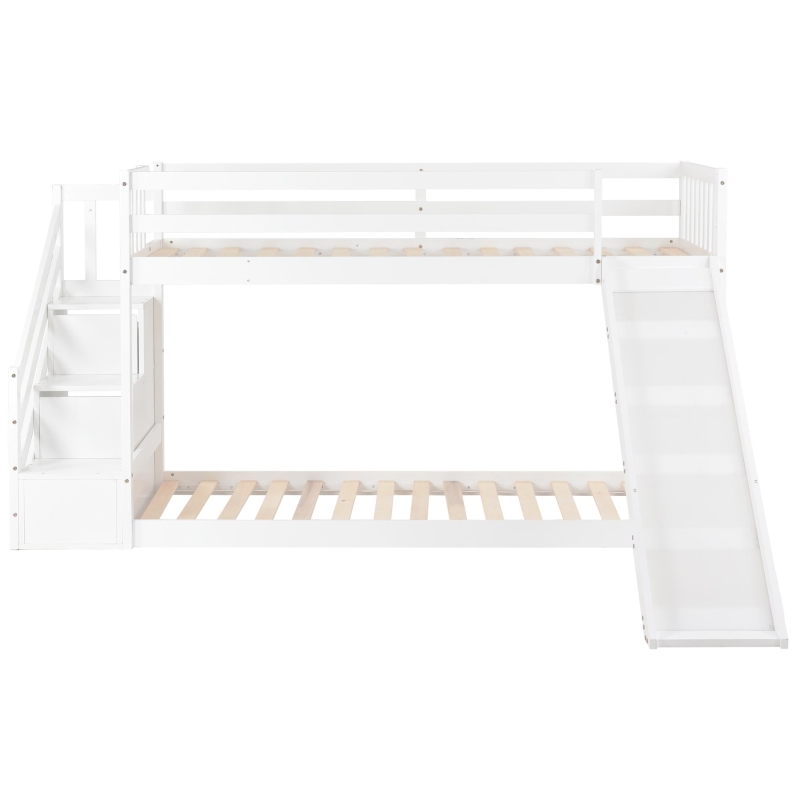 Bunk Bed with Stairs and Slide, Solid Pine Wood Frame, Children's Bed with Storage Drawers, Modern and Sturdy Design, 233L x 223W x 125H cm, White