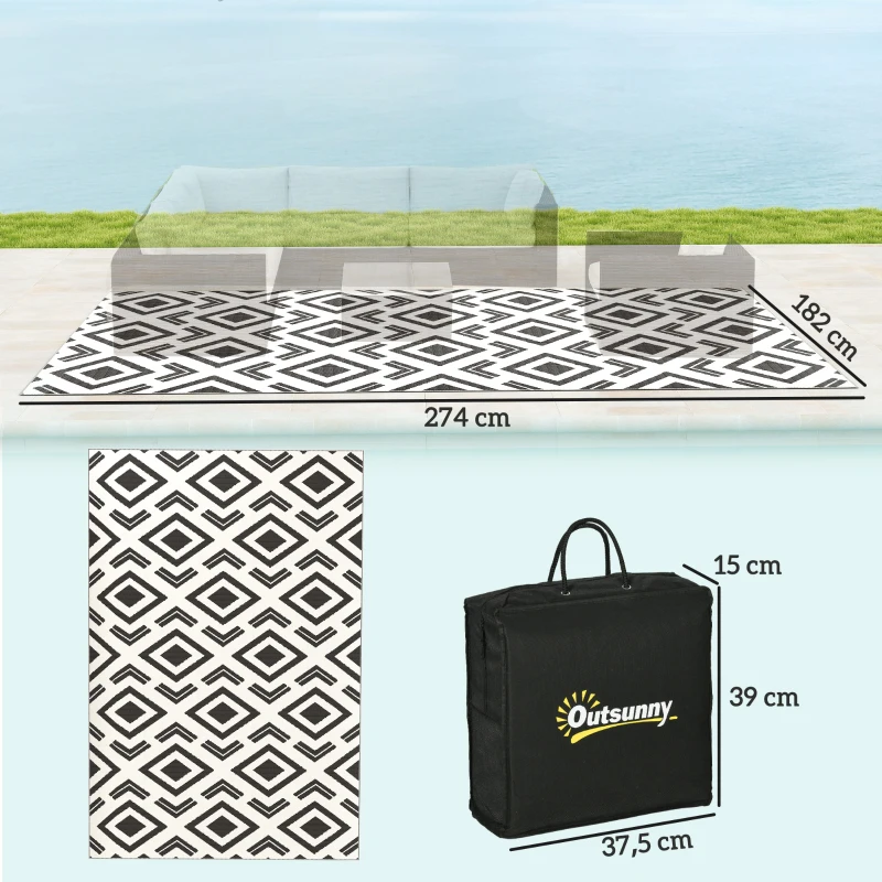 Outsunny Alfombra de Exterior Reversible 182x274 cm con Patrón Geométrico Impermeable con Bolsa Blanco y Negro