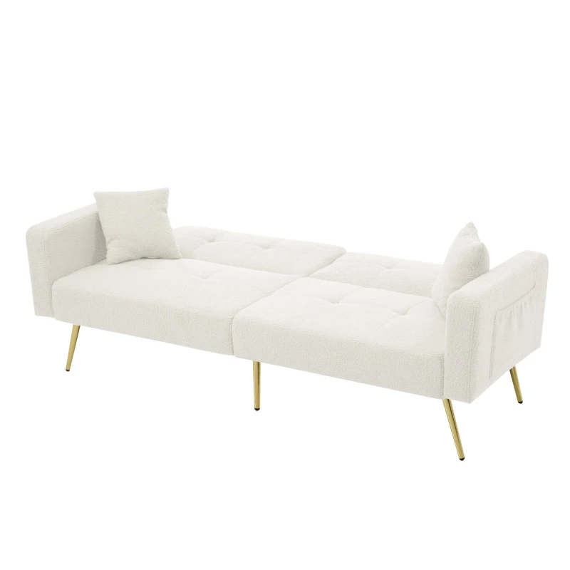 Convertible Sofa Bed with Adjustable Backrest, Sherpa Fabric, Gold Legs, Loveseat with Side Storage Pockets, 176L x 64W x 75H cm, White