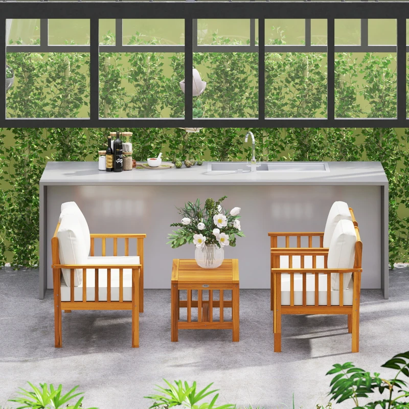 Outsunny Four-Piece Acacia Wood Garden Sofa Set - Teak/Cream