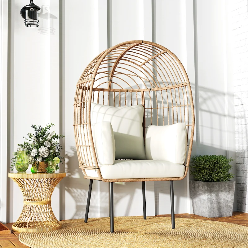 Outsunny Rattansessel Ei-Förmig mit abnehmbarem Kissen, Polster, Outdoor Sessel aus Rattan 95 x 80 x 155 cm Beige(m-8)
