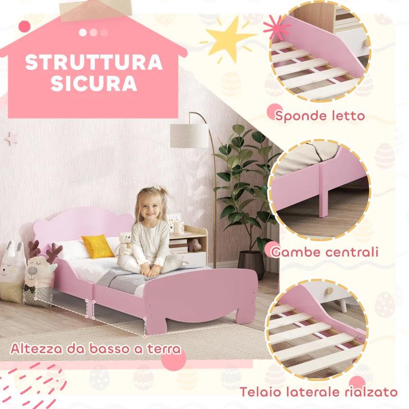 AIYAPLAY Lettino per Bambini con Testiera e Pediera a Orso e 2 Sponde Laterali, in Legno, 143.5x80x55 cm, Rosa
