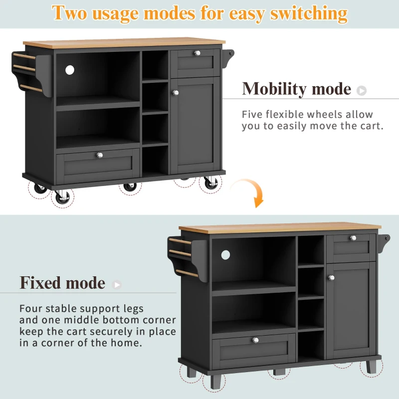 Mobile Kitchen Trolley with 5 Wheels, Drawers and Cupboards, Wooden Worktop, Food Cart for Kitchen Organization, 129L x 46W x 92H cm, Black