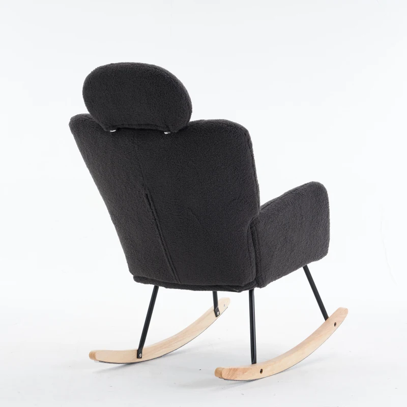 Ergonomic Teddy Fabric Rocking Chair with Tufted Seat, Headrest and Backrest, Painted Metal Base, 102L x 70W x 105H cm, Dark Grey