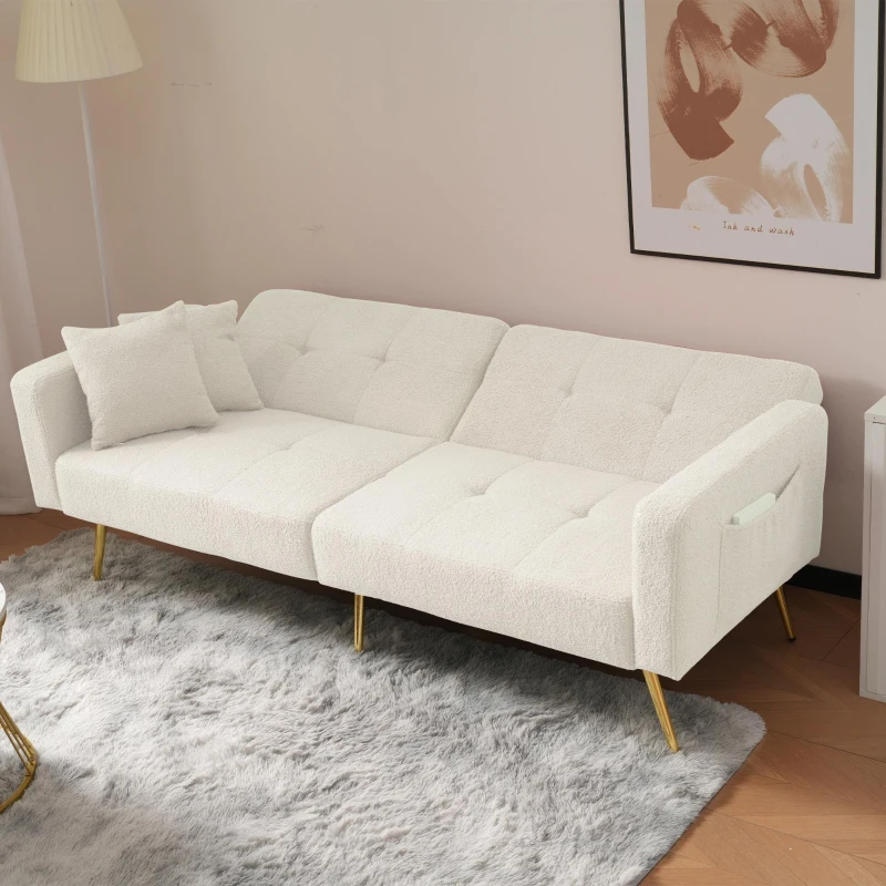 Convertible Sofa Bed with Adjustable Backrest, Sherpa Fabric, Gold Legs, Loveseat with Side Storage Pockets, 176L x 64W x 75H cm, White
