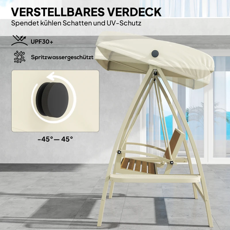 Outsunny Hollywoodschaukel 2-Sitzer Gartenschaukel mit verstellbarem Sonnendach, Seitentisch 200 x 120 x 190cm, Beige(m-4)