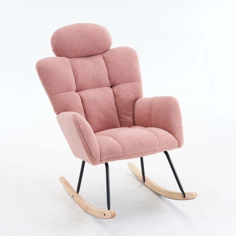 Upholstered Tufted Teddy Fabric Rocking Chair with Headrest and Backrest, Wooden Frame, Painted Metal Base, 102L x 70W x 105H cm, Pink