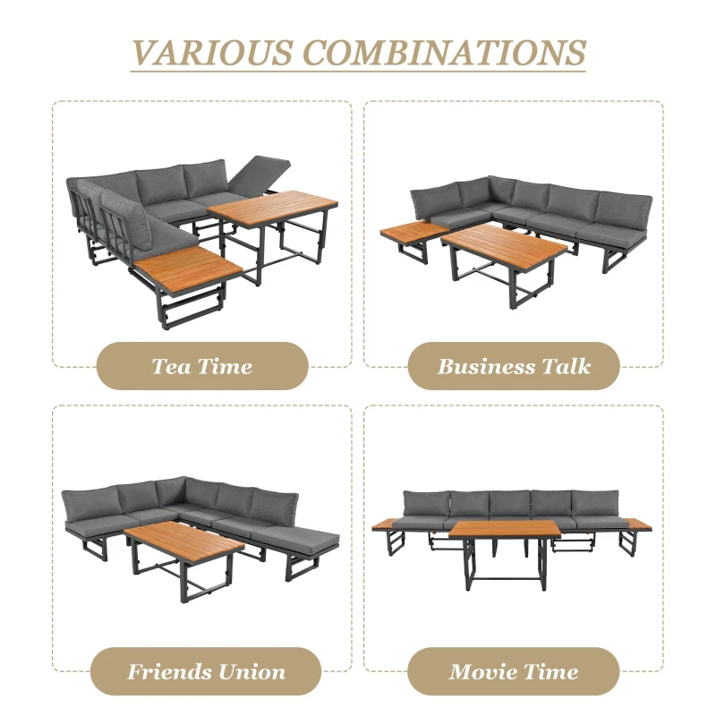 Outdoor Garden Furniture Set with 2 Sofas, Adjustable Wood Table, Galvanised Iron Frame, Cushions and Pillows, 250L x 186W x 76H cm, Grey
