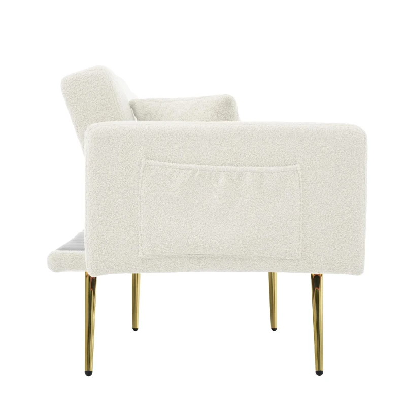 Convertible Sofa Bed with Adjustable Backrest, Sherpa Fabric, Gold Legs, Loveseat with Side Storage Pockets, 176L x 64W x 75H cm, White