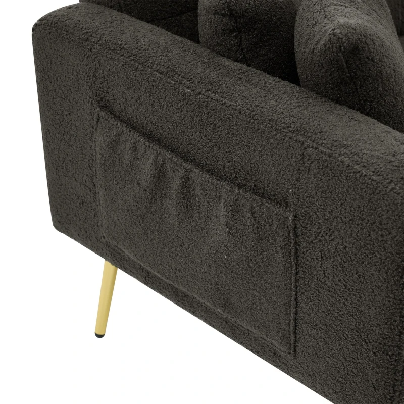 Modern Loveseat with Adjustable Backrest, Gold Legs, Side Storage Pockets, Sherpa Fabric Convertible Sofa Bed, 176L x 64W x 75H cm, Dark Grey