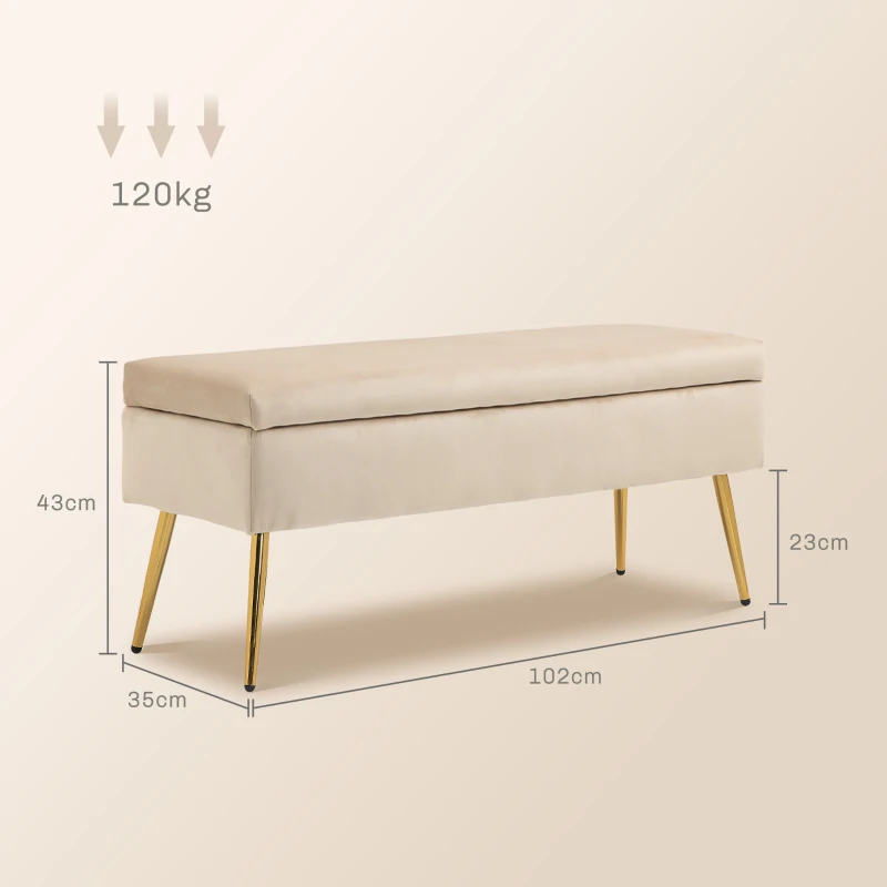 HOMCOM Banc coffre de rangement 2 en 1 banquette en velours avec couvercle à charnière et pieds en métal, jaune