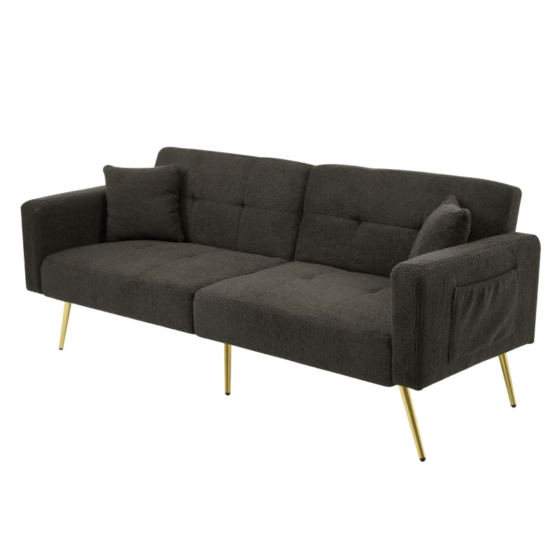 Modern Loveseat with Adjustable Backrest, Gold Legs, Side Storage Pockets, Sherpa Fabric Convertible Sofa Bed, 176L x 64W x 75H cm, Dark Grey