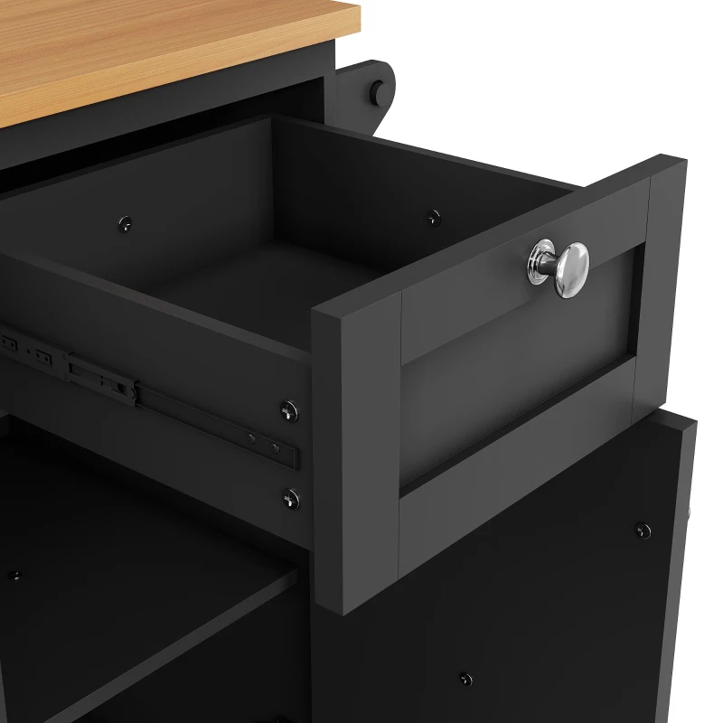 Mobile Kitchen Trolley with 5 Wheels, Drawers and Cupboards, Wooden Worktop, Food Cart for Kitchen Organization, 129L x 46W x 92H cm, Black