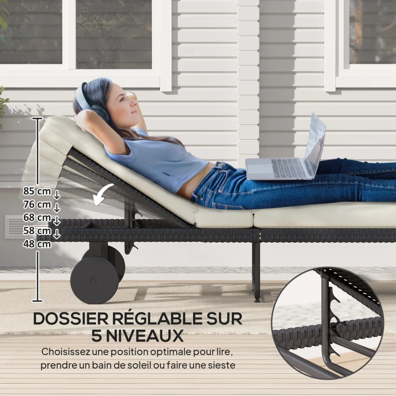 Outsunny Bain de soleil chaise longue avec coussin en résine tressée inclinable avec roulettes, 198 x 65 x 85 cm, crème