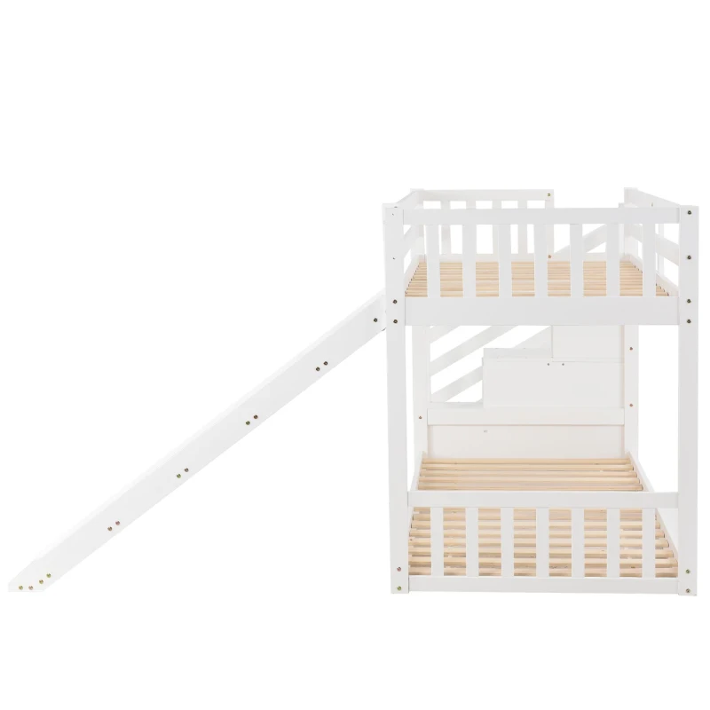 Bunk Bed with Stairs and Slide, Solid Pine Wood Frame, Children's Bed with Storage Drawers, Modern and Sturdy Design, 233L x 223W x 125H cm, White