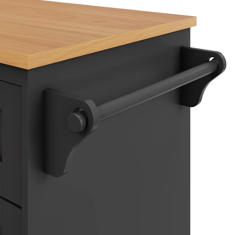 Mobile Kitchen Trolley with 5 Wheels, Drawers and Cupboards, Wooden Worktop, Food Cart for Kitchen Organization, 129L x 46W x 92H cm, Black