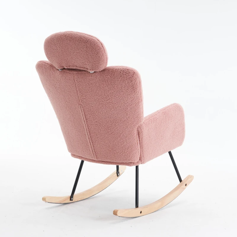 Upholstered Tufted Teddy Fabric Rocking Chair with Headrest and Backrest, Wooden Frame, Painted Metal Base, 102L x 70W x 105H cm, Pink