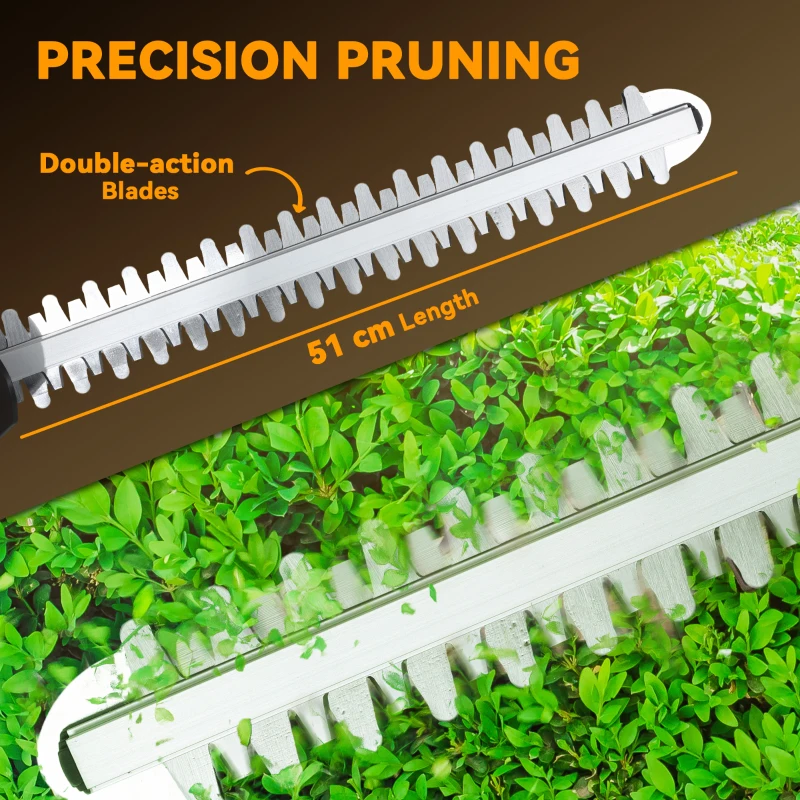 Outsunny 20" Cordless Hedge Trimmer, 18V Electric Hedge Cutter with 51cm Dual Action Blade, 2 x 4000mAh Batteries and Brushless Motor for Garden Branches, Shrubs, Twigs, Orange