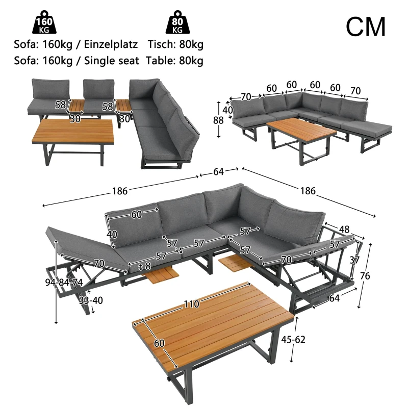 Outdoor Garden Furniture Set with 2 Sofas, Adjustable Wood Table, Galvanised Iron Frame, Cushions and Pillows, 250L x 186W x 76H cm, Grey
