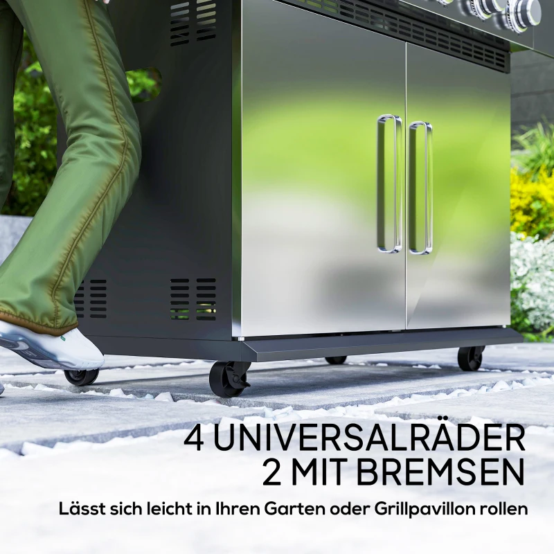 Outsunny Gasbarbecue 8500BTU Rolwagen met 6 RVS Branders, Thermometer, Drukregelaar, 141 x 55 x 110 cm Zilver