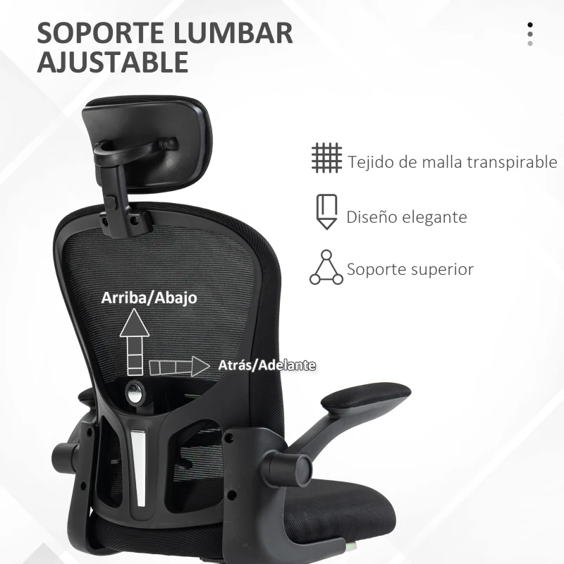 Vinsetto Silla de Oficina de Malla Silla de Escritorio Respaldo Alto Reposacabezas Ajustable Soporte Lumbar 4D 62x64x120 cm Negro