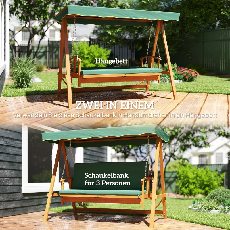 Outsunny Huśtawka ogrodowa z daszkiem, drewniana, z funkcją leżanki, dla 3 osób, Ciemnozielona