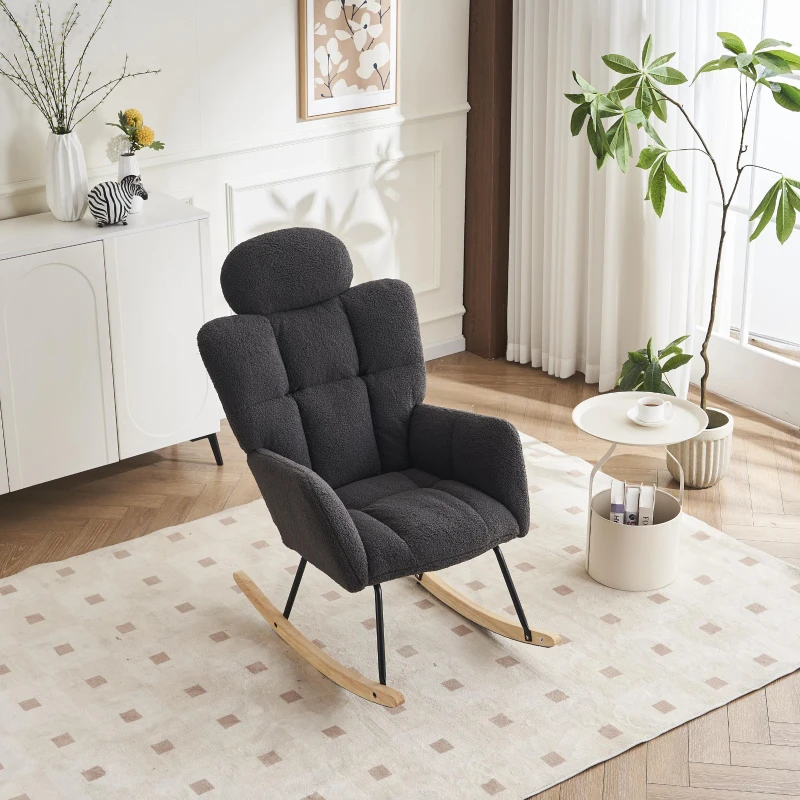 Ergonomic Teddy Fabric Rocking Chair with Tufted Seat, Headrest and Backrest, Painted Metal Base, 102L x 70W x 105H cm, Dark Grey