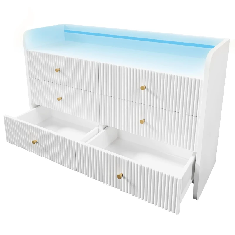 Fluted 6-Drawer Sideboard with RGB LED Lighting, Modern Storage Cabinet for Living Room, Bedroom, Dining Room, Office, 120L x 40W x 75H cm, White