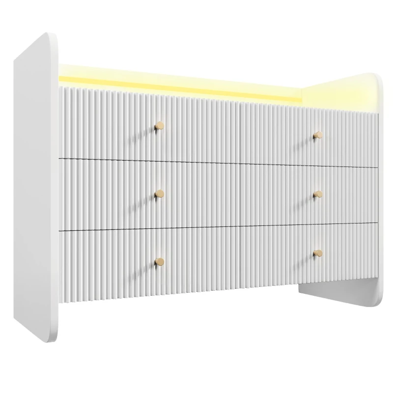 Fluted 6-Drawer Sideboard with RGB LED Lighting, Modern Storage Cabinet for Living Room, Bedroom, Dining Room, Office, 120L x 40W x 75H cm, White