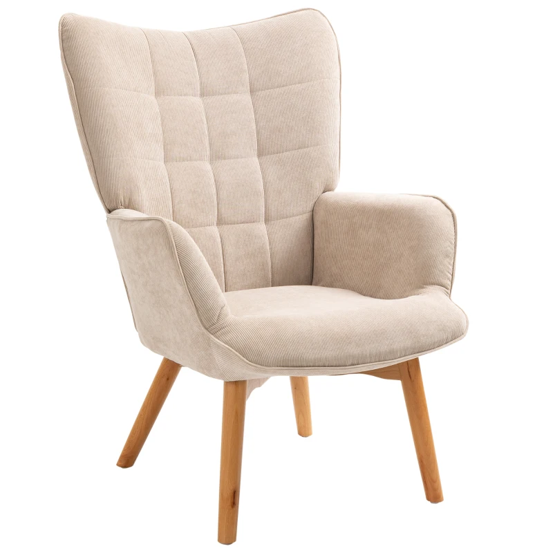 HOMCOM Akzentsessel mit Hocker, Relaxsessel in Cord-Optik, Armlehnstuhl mit Holzbeinen, für Wohnzimmer, Beige