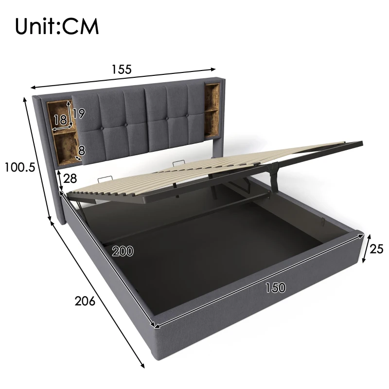 Upholstered Double Bed with Wireless Charging and Hydraulic Storage, Linen Fabric King Size Bed Frame, 206L x 155W x 100.5H cm, Grey
