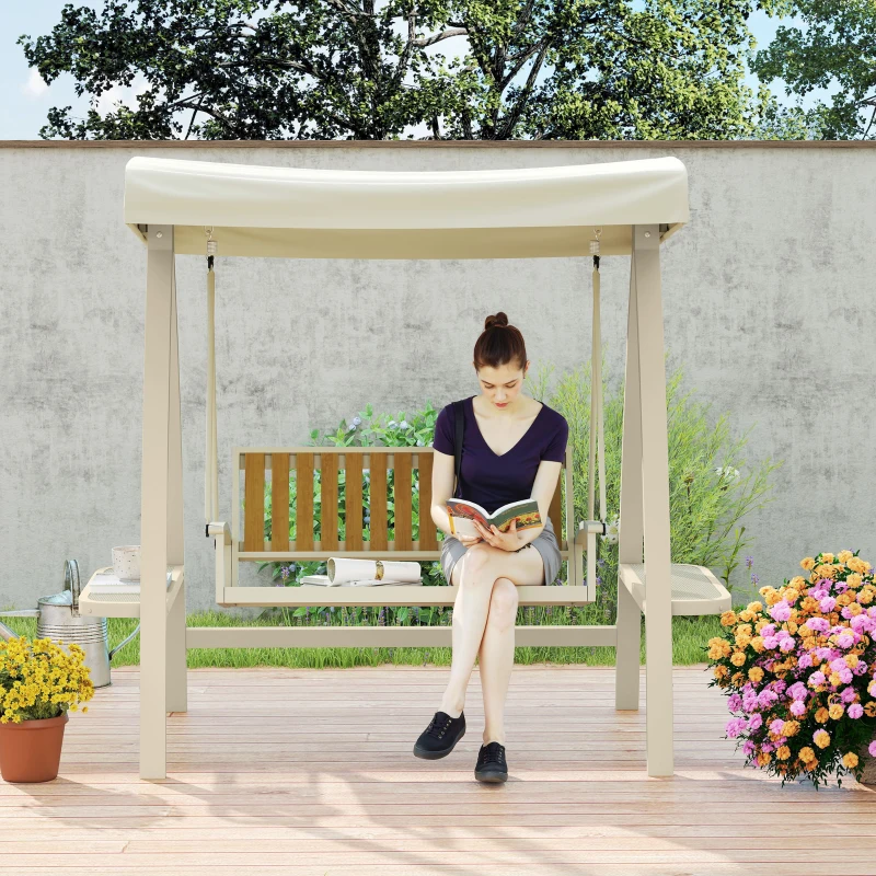 Outsunny Hollywoodschaukel 2-Sitzer Gartenschaukel mit verstellbarem Sonnendach, Seitentisch 200 x 120 x 190cm, Beige(m-7)