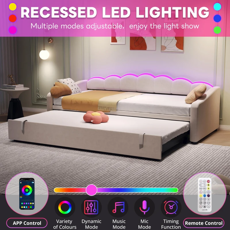 Petal Shape Sofa Bed with RGB LED Lighting, Velvet Upholstered Daybed with Trundle, 202L x 187.5W x 80H cm, Beige