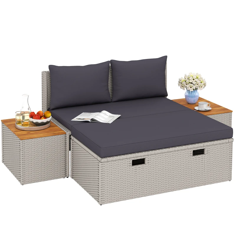 Outsunny Polyrattan Sonnenliege für 2 Personen Doppelliege mit Fußhocker Stauraum Auflagen 125x114x72,5 cm Grau(m-10)