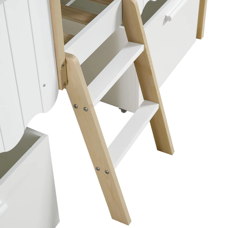 Children's Wooden Storage Bed with Safety Guardrail, Roof Design and Two Wheeled Storage Boxes, 196L x 98W x 158.5H cm, White+Natural